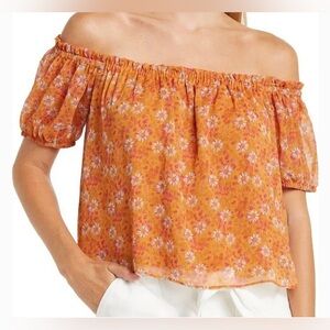 WAYF Off Shoulder Sheer Overlay Cream & Orange Daisy Print Blouse NWT Size Large